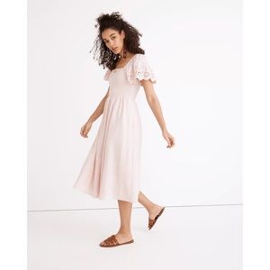 Linen-Blend Eyelet-Sleeve Lucie Smocked Midi Dress